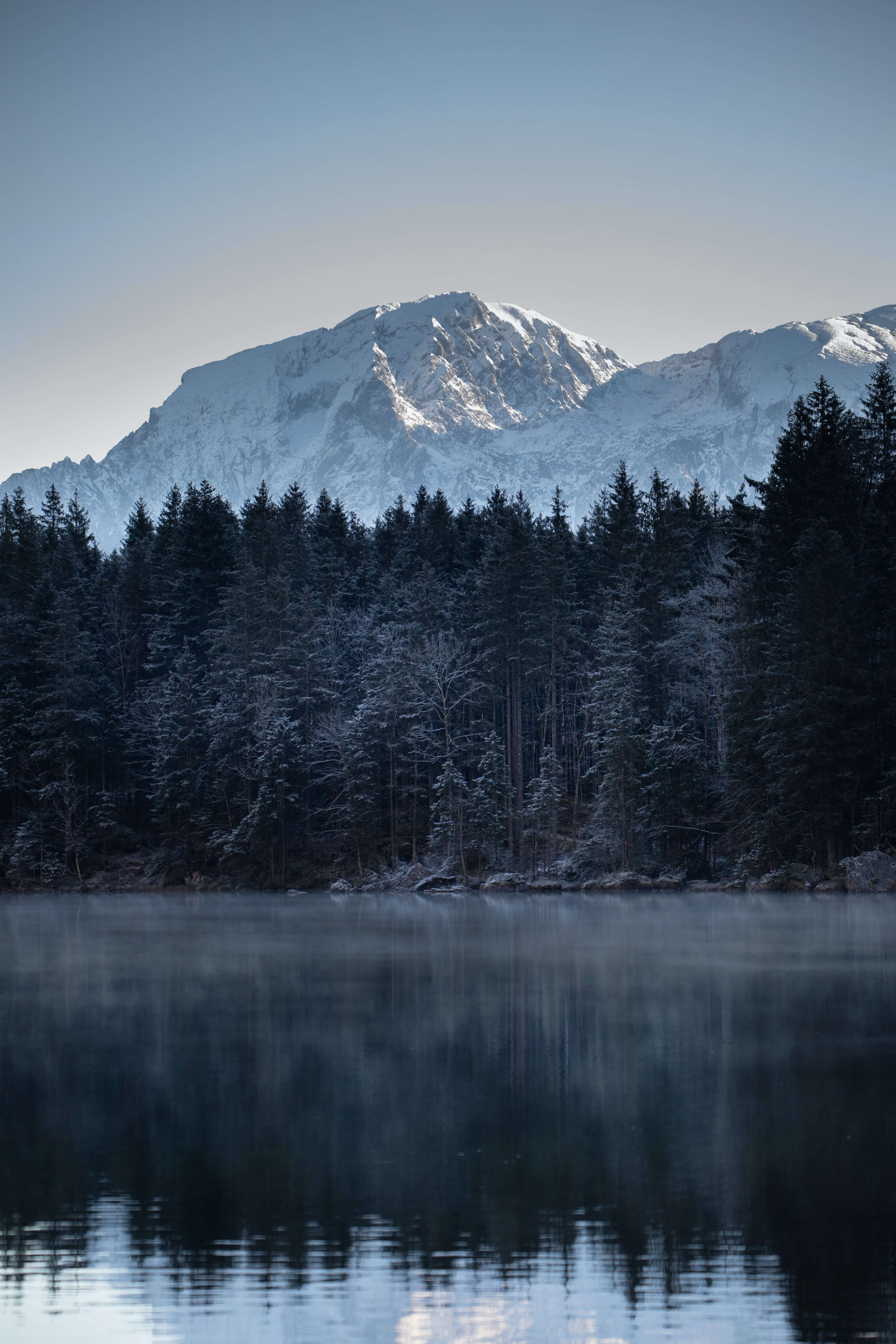 snowy mountain behind a lake